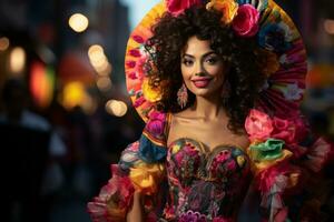 un hermosa mujer en un vistoso vestir y sombrero generativo ai foto