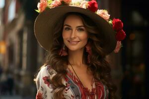 a beautiful woman in a hat and flower earrings generative ai photo