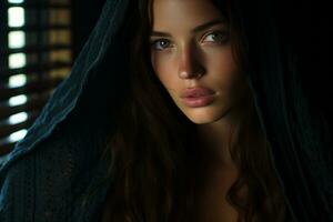 a beautiful woman in a hooded robe looking at the camera generative ai photo