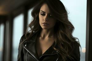 a beautiful woman in a leather jacket standing by a window generative ai photo
