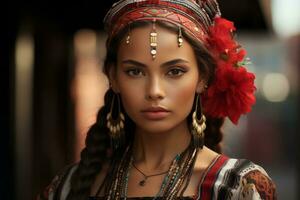 a beautiful woman in traditional clothing with a red flower on her head generative ai photo