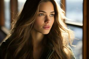 a beautiful woman with long brown hair looking out the window generative ai photo