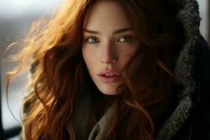 un hermosa mujer con largo rojo pelo y verde ojos generativo ai foto