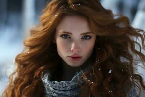 a beautiful woman with long red hair in the snow generative ai photo