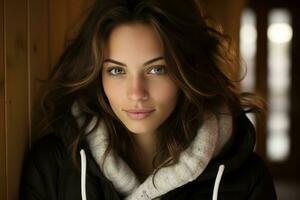 a beautiful young woman in a black jacket and hoodie photo