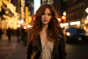 a beautiful young woman in a leather jacket standing in the middle of a city street at night generative ai photo