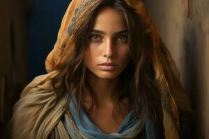 a beautiful young woman in a shawl generative ai photo