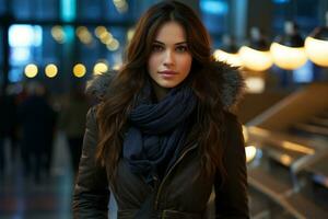 a beautiful young woman in a winter coat and scarf standing in an airport generative ai photo