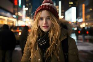 a beautiful young woman in a winter hat and coat standing in the middle of a city street at night generative ai photo