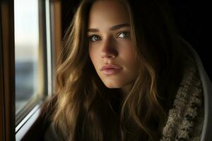 a beautiful young woman looking out the window generative ai photo