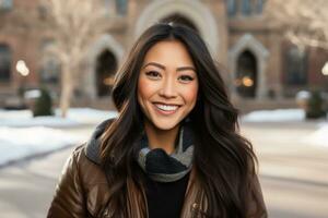 a beautiful young woman smiling in front of a building generative ai photo