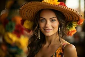 un hermosa joven mujer vistiendo un mexicano sombrero generativo ai foto
