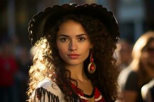 a beautiful young woman with curly hair wearing a cowboy hat generative ai photo