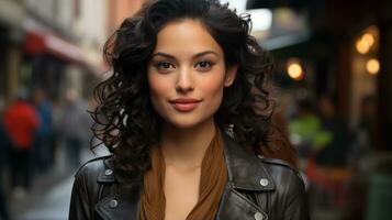 a beautiful young woman with curly hair standing in the middle of a city street generative ai photo