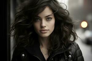 a beautiful young woman with dark hair and a leather jacket generative ai photo