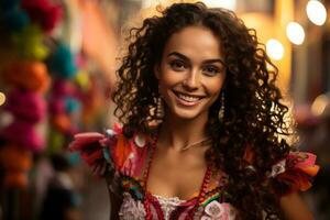 a beautiful young woman with curly hair in a mexican dress generative ai photo