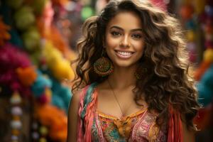 a beautiful young woman with long curly hair posing for the camera photo