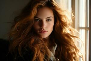 a beautiful young woman with long red hair photo