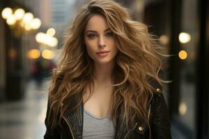 a beautiful young woman with long wavy hair in a leather jacket generative ai photo