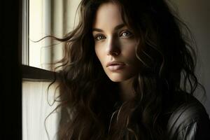 a beautiful young woman with long wavy hair looking out the window generative ai photo