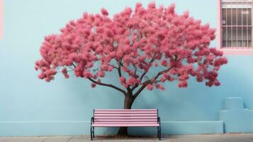 a bench under a pink tree in front of a blue wall generative ai photo