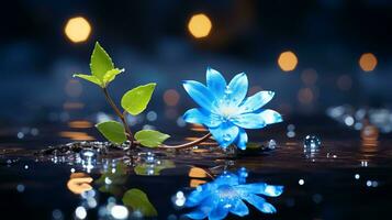 a blue flower in the water with lights in the background generative ai photo