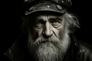 a black and white photo of an old man with a beard