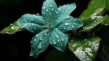 un azul flor con agua gotas en eso generativo ai foto