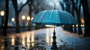 a blue umbrella sitting on the ground in the rain generative ai photo