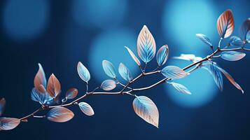 a branch with leaves on it against a blue background generative ai photo