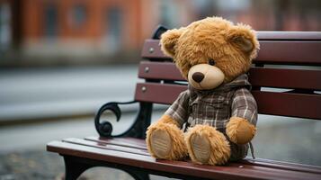 a brown teddy bear sitting on a bench generative ai photo