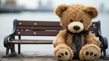 a brown teddy bear sitting on a wooden bench generative ai photo