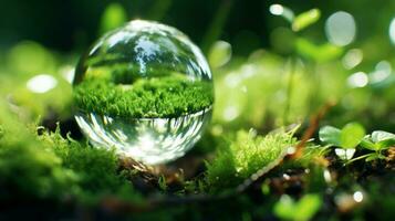 a clear glass ball sitting on top of some grass generative ai photo