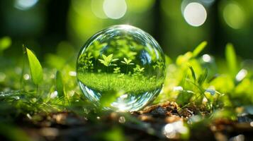 a clear glass ball with grass and trees in the background generative ai photo