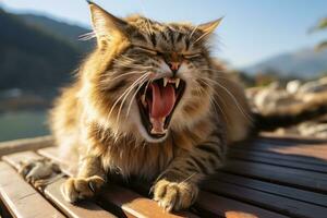 a cat yawning on a bench with mountains in the background generative ai photo