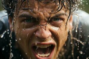 un cerca arriba de un hombre con agua corriendo abajo su cara generativo ai foto