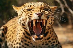 un cerca arriba de un leopardo con sus boca abierto generativo ai foto