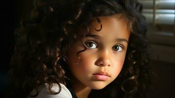a close up of a young girl with curly hair photo