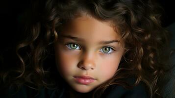 un cerca arriba de un joven niña con verde ojos foto