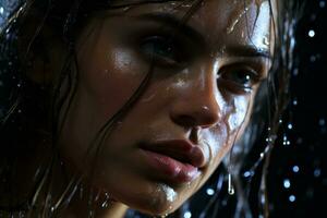 a close up of a woman with wet hair photo