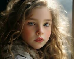 a close up of a young girl with blue eyes photo