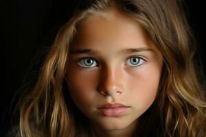 a close up of a young girl with green eyes photo