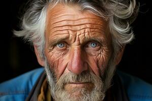 un cerca arriba de un antiguo hombre con azul ojos generativo ai foto