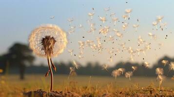 un diente de león soplo en el viento en un campo generativo ai foto