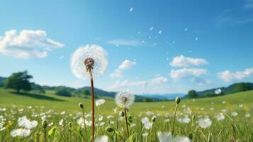 a field with dandelions blowing in the wind generative ai photo