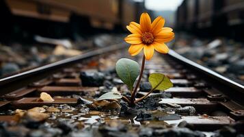 a flower growing on the tracks of a train track generative ai photo