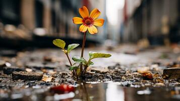 a flower growing out of a puddle in the middle of a city street generative ai photo