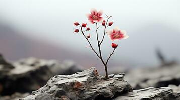 un flor creciente fuera de un rock en el medio de un campo generativo ai foto