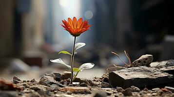 un flor creciente fuera de escombros en el medio de un ciudad generativo ai foto