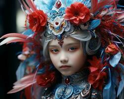 a doll with blue and red feathers on her head generative ai photo